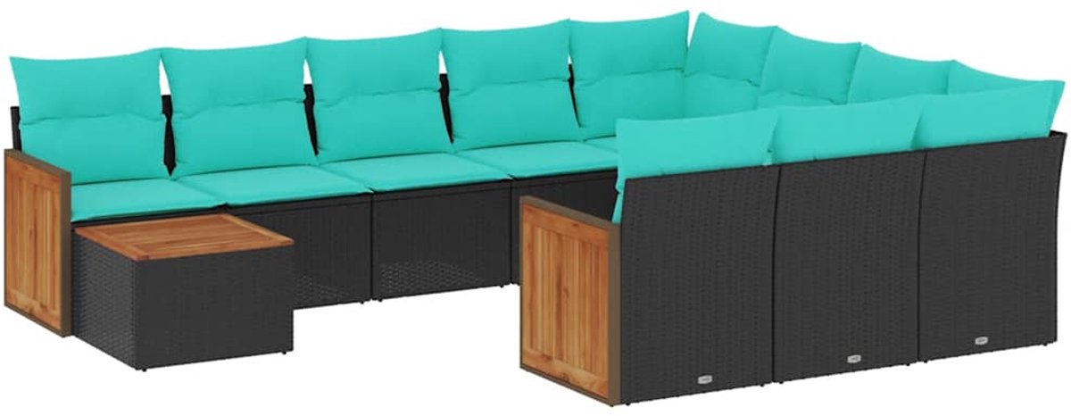 vidaXL - 11-delige - tuinbankset - met - kussens, - zwart - polyrotan