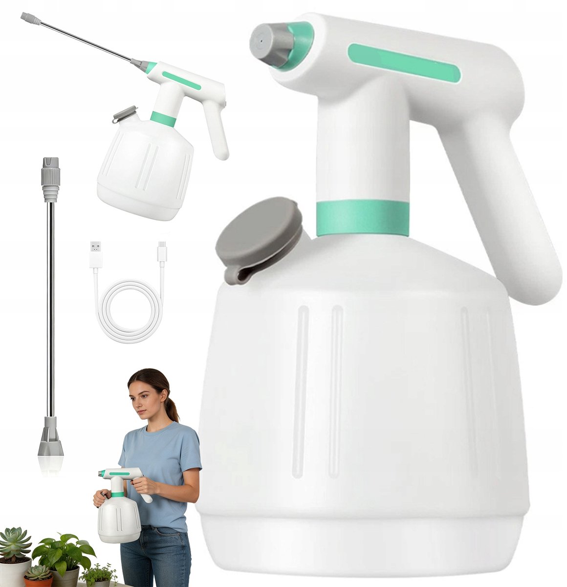 Elektrische Sproeier - Tuinsproeier - Drukspuit - Oplaadbare Sproeifles 2L - Verlengstang van 22 cm - Dubbele Sproeistanden & Verlengstuk - 1200mAh USB-C - Voor Tuin, Schoonmaak & Planten