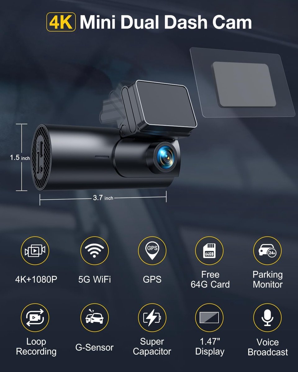 Dashcam 4K voor en achter met wifi app - auto camera met nachtzicht en 64GB SD kaart – foto 5