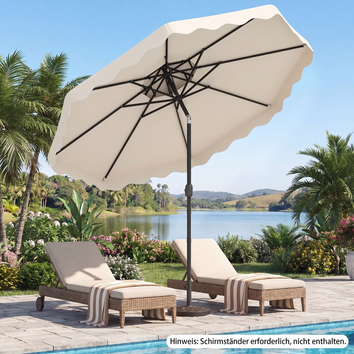 COSTWAY 300 cm parasol met dubbel doek, tuinparasol met draaihendel en volant, 30° kantelbaar aan beide zijden, terrasparasol, marktparasol voor tuin, balkon, terras (beige) – foto 8