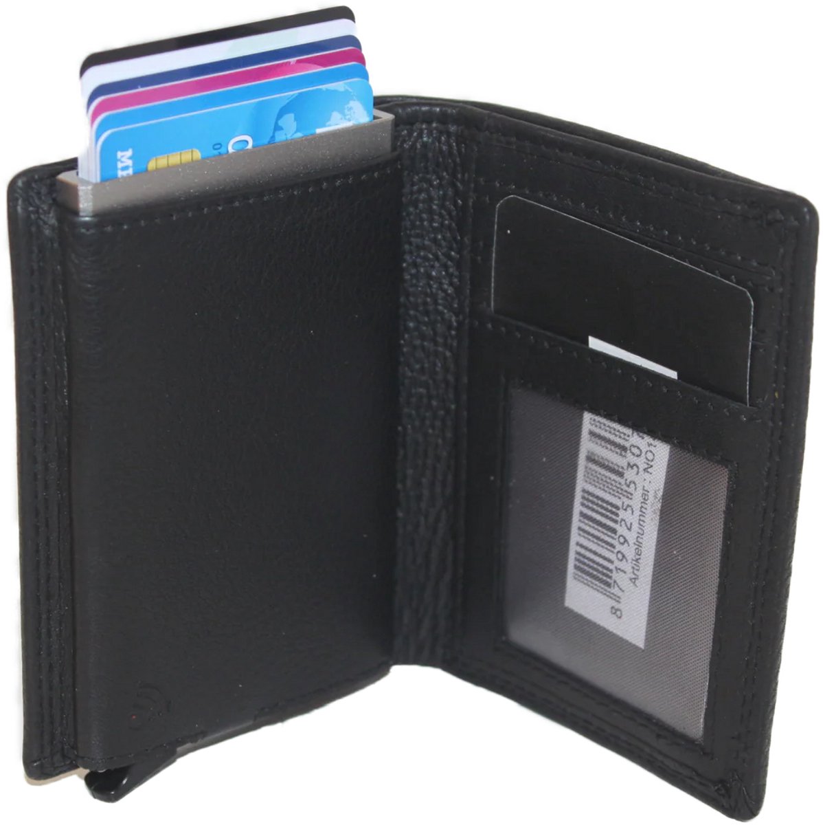OI zwart leren portemonnee met Figuretta pasjeshouder en plaats voor klein geld / Compact portemonneetje met Cardprotector en muntvak / compleet beursje met RFID SAFE kastje / metalen pasjeshouder in anti skim portemonnee / zwart leer / 145