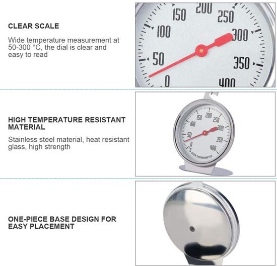 Oven Thermometers - 0~400℃ Thermometer voor Koken - Roestvrijstalen Voedsel Temperatuur Meter voor Pizza en Barbecue van Merkloos	 — afbeelding 3