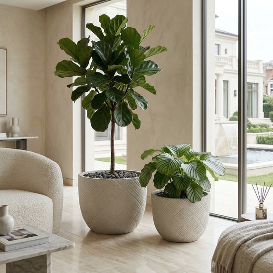 Foto: Pugsdrly set van 2 ronde betonnen plantenbakken grote handgemaakte rustieke decoratieve plantenpotten voor binnen en buiten met afwateringsgaten voor de tuin terras en huis 37 x 28 cm 45 x 35 cm grijs 