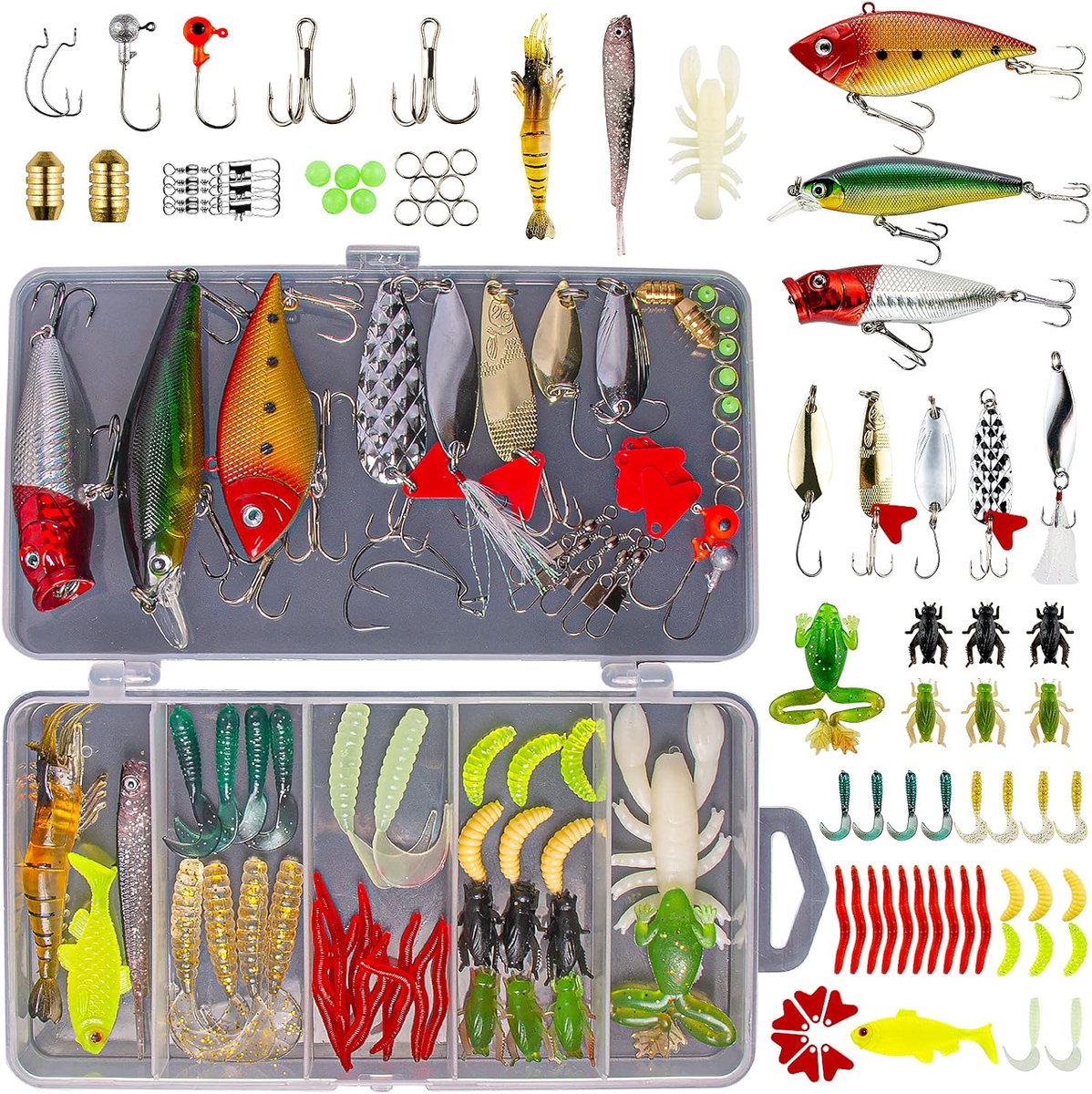 Kit met zoetwater visgerei is geschikt voor vissen zoals baars, forel en zalm. Het bevat lepels, zachte plastic wormen en ander kunstmatig aas, wat het een ideaal cadeau voor vissers maakt.
