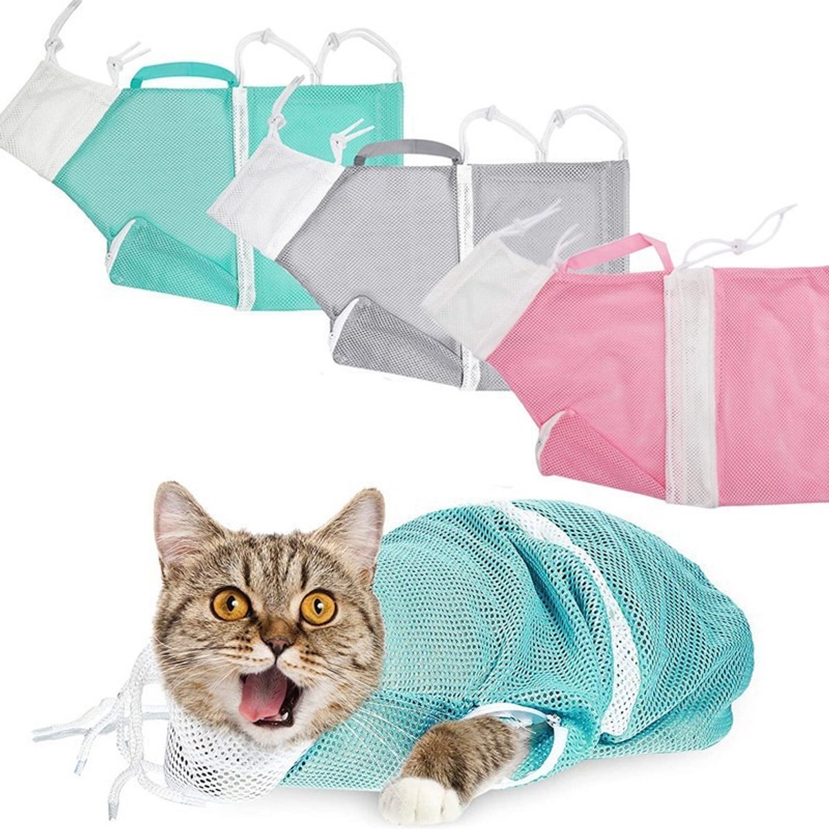 Daity Kattenwaszak van gaas – Verstelbare waszak – Multifunctionele fixatiezak voor katten – Anti-bijt & Anti-krab – 3-delige set – Geschikt voor katten tot 7 kg – Ideaal voor wassen, nagels knippen en oren reinigen