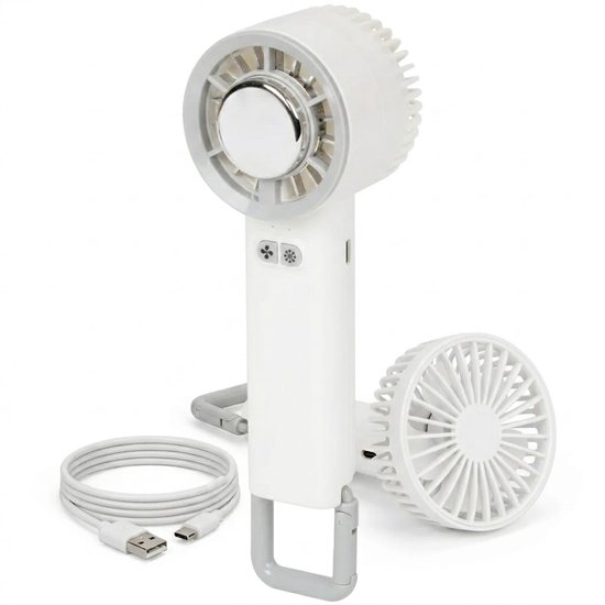 Oplaadbare handventilator wit met 3 snelheden en verkoelende functie, compact, draagbaar en stil