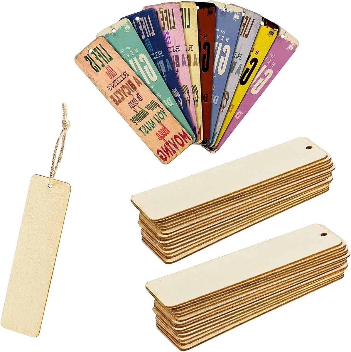 Set van 10 houten boekenleggers met touw in natuurlijke houtkleur voor boekenliefhebbers