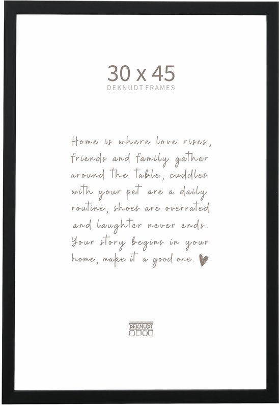 Cadre photo noir avec le texte 'Home is where love rises, friends and family gather around the table, cuddles with your pet are a daily routine, shoes are overrated and laughter never ends. Your story begins in your home, make it a good one.'