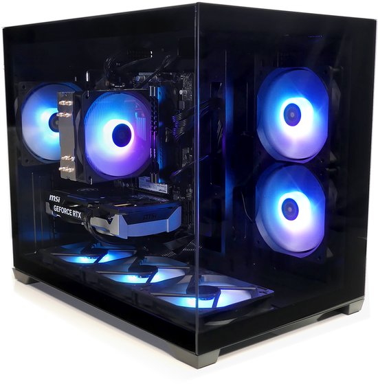 Computerkast met doorzichtige zijkant, verlichte ventilatoren en RGB-verlichting binnenin.