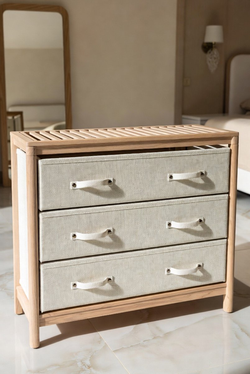 Bamboe Ladekast met 6 Stoffen Lades – Verticale Opbergkast / Commode / Organizer met Bovenplank – Multifunctionele Opbergunit voor Slaapkamer, Hal en Woonkamer – Natuurlijke Afwerking – 66x35x78,5 cm Mobili Bella
