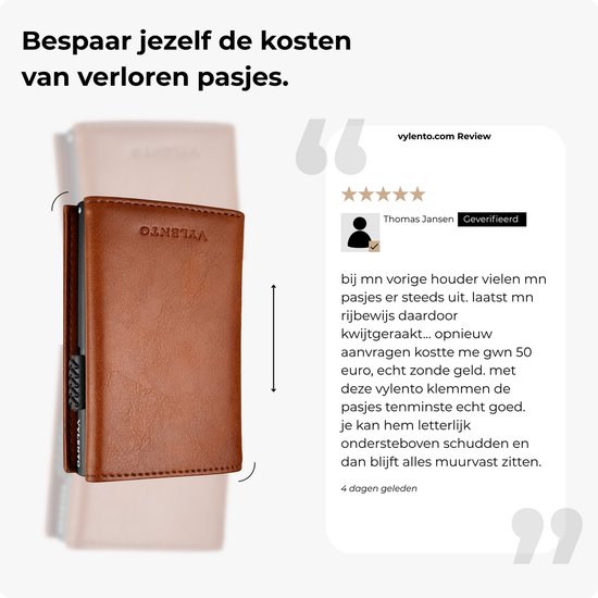 Portefeuille marron avec protection RFID. Une main tient le portefeuille. Avis de Thomas Jansen.
