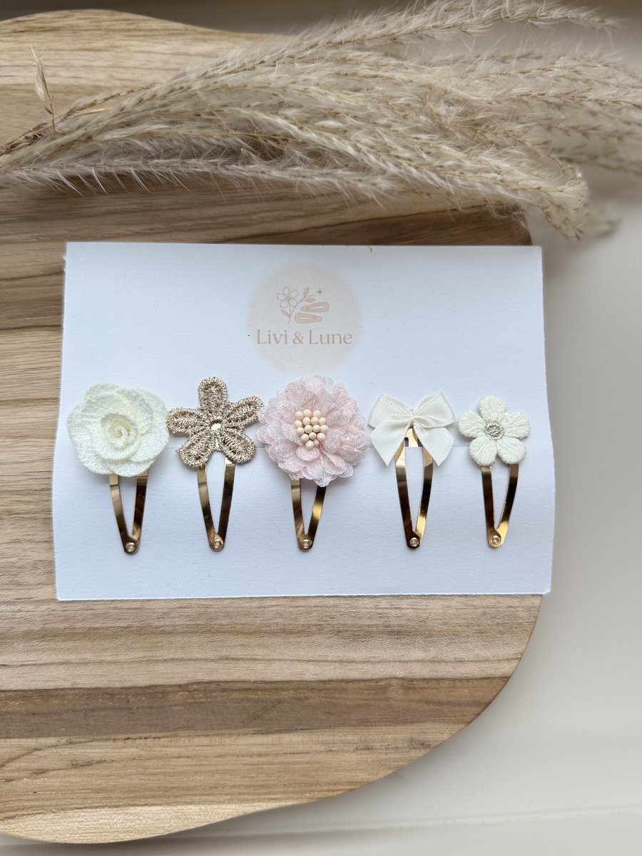 Livi Lune Haarspeldjes Meisjes Set Vijf Strikjes Bloemen Goud Roze Beige Cremé