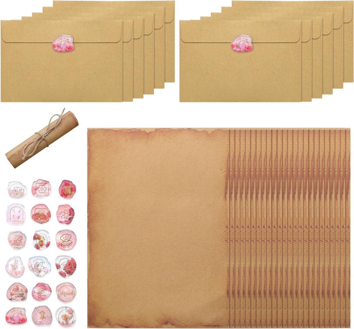 Vintage Briefpapier Set met 12 Enveloppen, 24 A5 Papieren en 18 Waszegels voor Liefdesbrieven, Trouwen en Verjaardagen