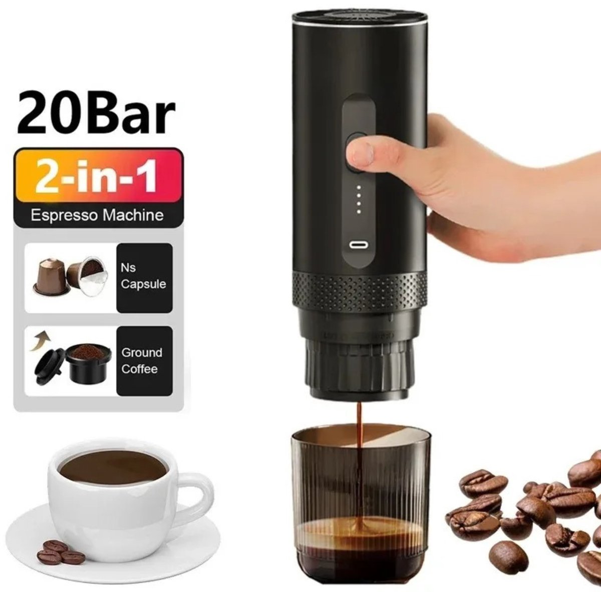 Archi Koffiezetapparaat – Koffiemachines – Capsule & Gemalen Koffie – 20 Bar – Voor Auto, Camping en Thuis - Zwart