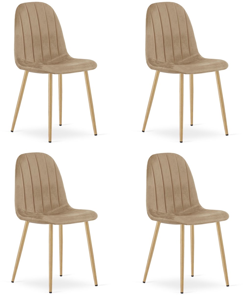 LEOBERT Set van 4 eetkamerstoelen PADVA – Fluweel bruin – Houten look poten (eiken) – Modern design
