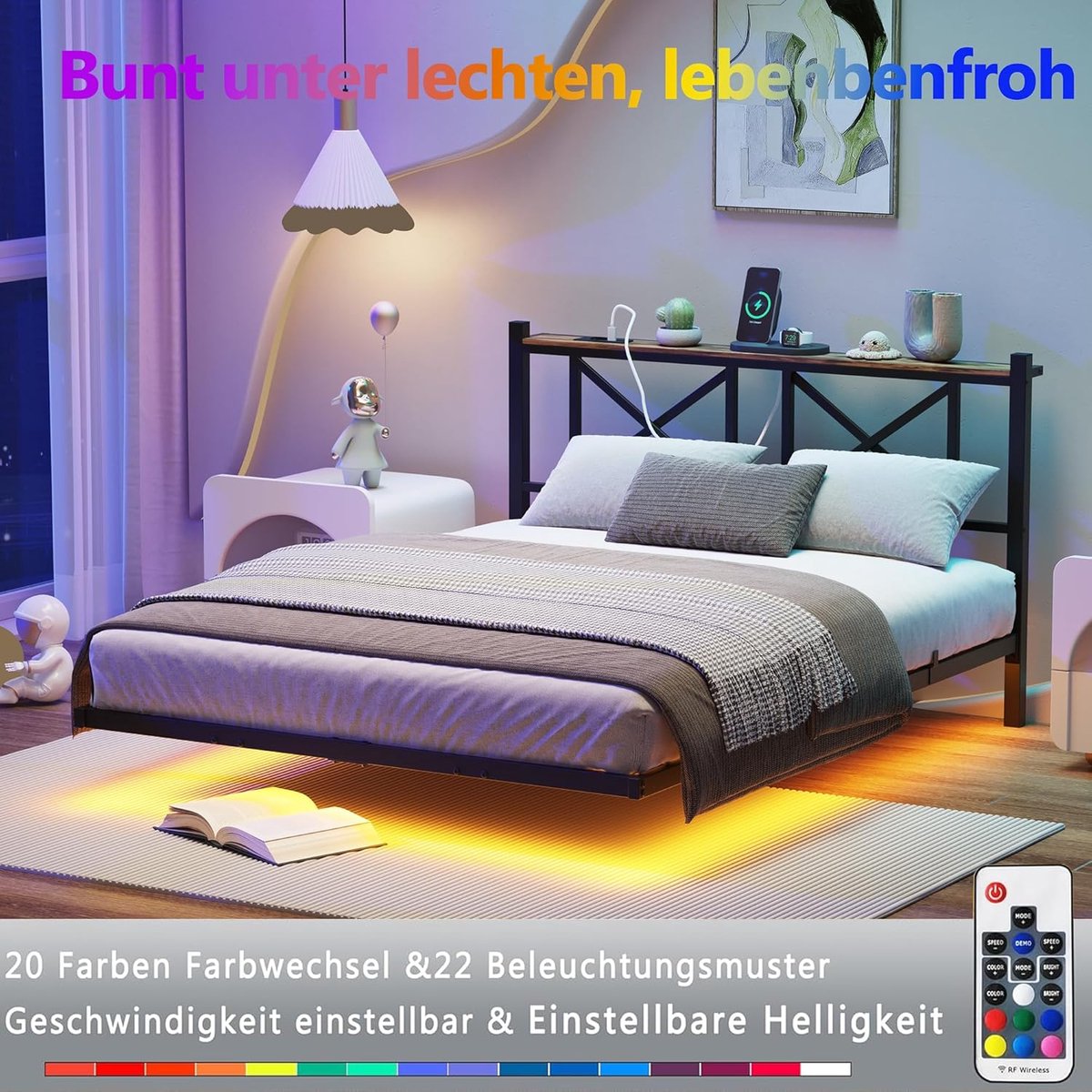 Luxe Zwevend LED Bedframe 140x200 - Zwart - 140x200 cm - Arqam