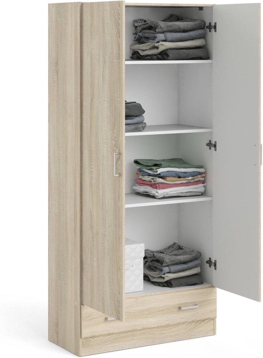 Kledingkast met lade 79 x 36 x 170 cm – 2-deurs houten kledingkast met 3 planken en opberglade – Eiken garderobekast voor slaapkamer en hal – Compacte opbergkast – Vermissen