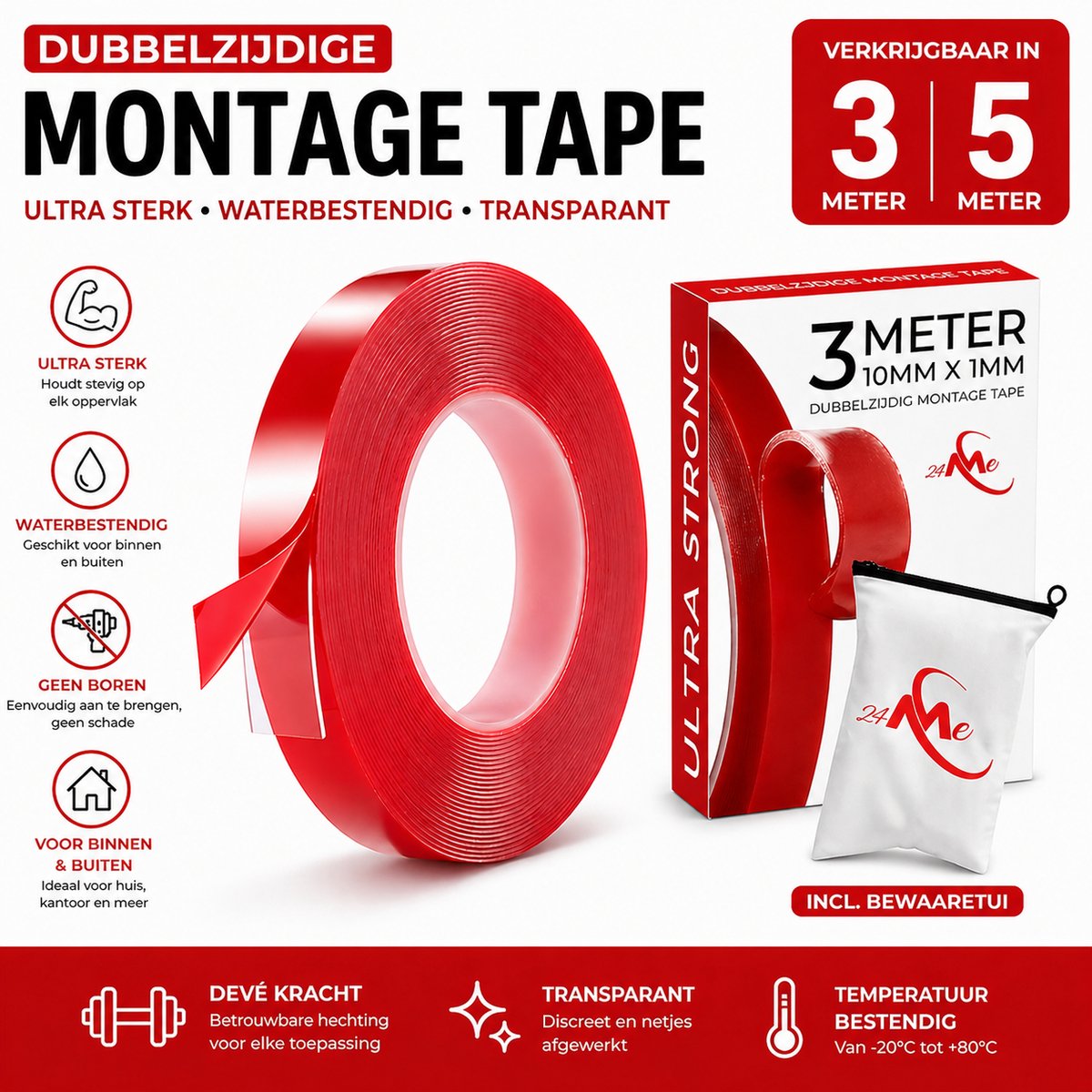 24ME® - 3 Meter Dubbelzijdig Montagetape - Incl. Bewaar Etui - Extra Sterk - Transparant - Nano tape - Acrylic - Automotive - Ook voor Hobby