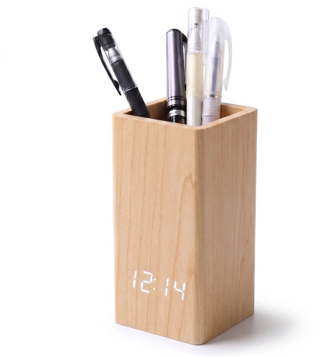 TIN-IN Digitale klok - Bureauklok - Wooden look - Zwart + Witte cijfers - Pennenbakje