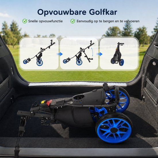 Sello! golftrolley - golftas - golfkar - opvouwbaar - stevig frame - stevige wielen - multifunctionele opbergvakken - zwart - blauw van Merkloos — afbeelding 2