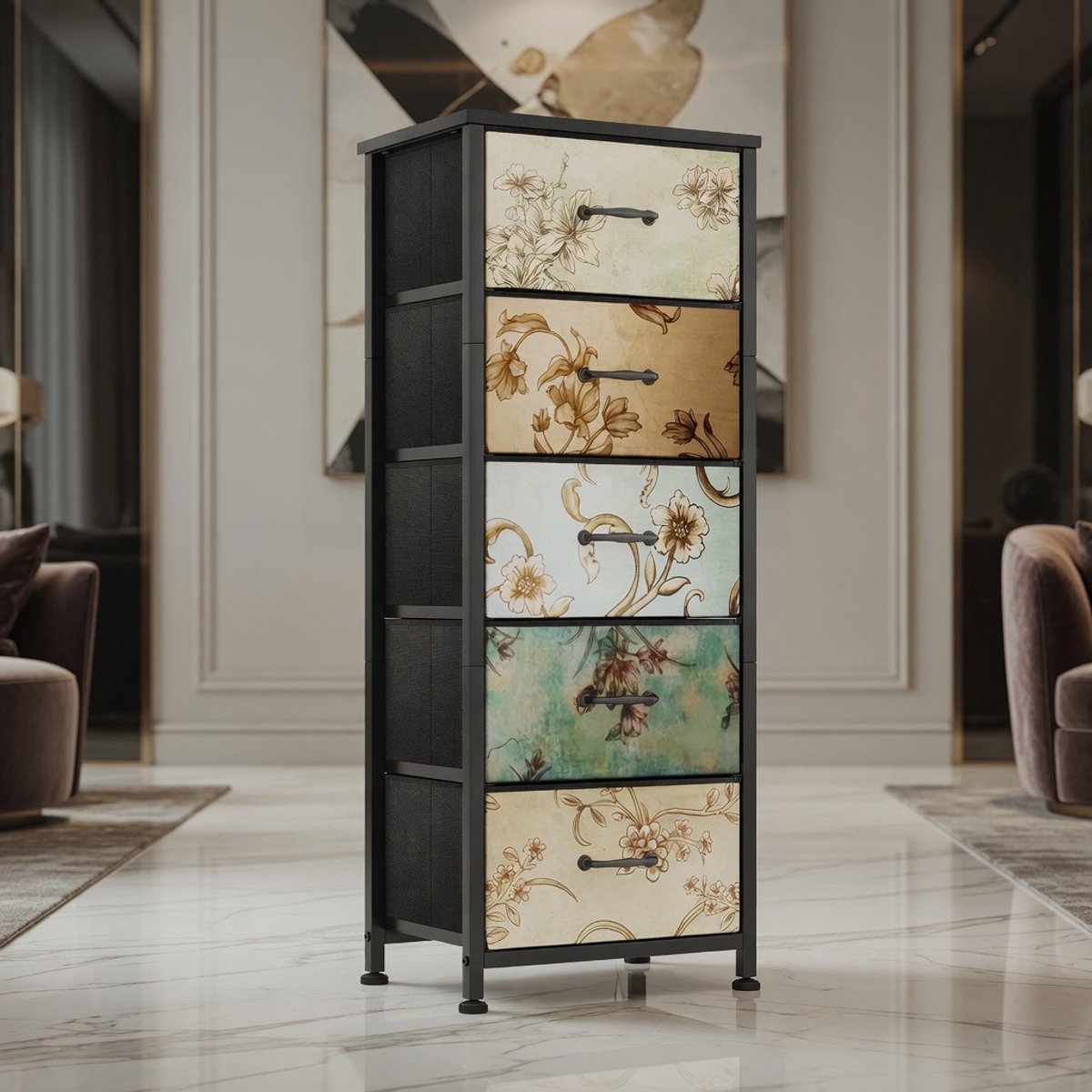 Mobili Bella Smalle Ladekast met 5 Stoffen Lades – Verticale Opbergkast / Commode / Nachtkastje – Ruimtebesparende Kast voor Slaapkamer, Woonkamer en Hal – Groen Modern Design met Metaalframe – 40x29x98 cm