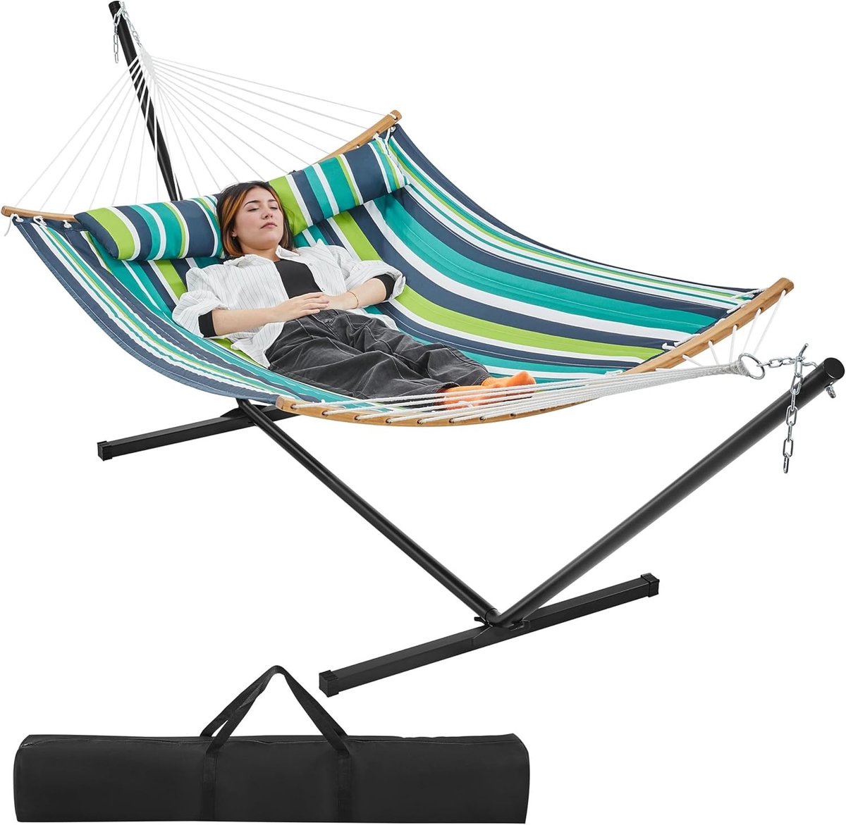 Hangmat met Standaard voor 2-3 Personen – Ultiem Comfort en Ontspanning – Verstelbare Hoogte – Duurzaam Metaal & Polyester – Perfect voor Tuin, Camping & Balkon – Schommelend, Ruim, Stevig