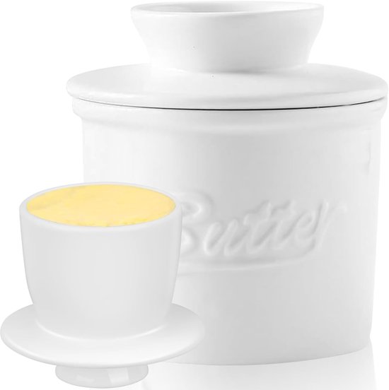 Beurrier en Céramique avec Couvercle - 10 Cm - 1 Pièce - Blanc - Style Français Refroidissement par Eau Support à Beurre Tartinable pour Cuisine et Salle à Manger