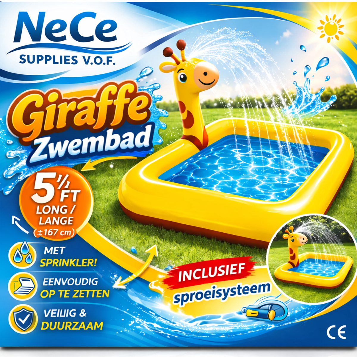 Giraffe Zwembad - Baby zwembad - 167 cm. - Gemakkelijk op te zetten met sprinklersysteem - kinderen - zomer