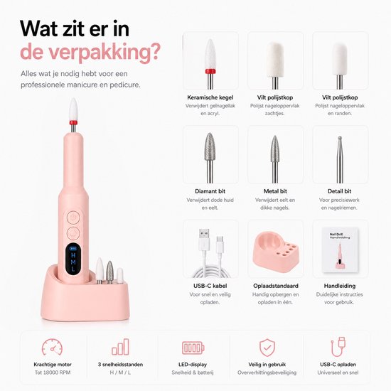 BOTC Elektrische Nagelvijl met Oplaadstation - Nagelfrees - Draadloos en Oplaadbaar - Nagelvijl - Manicure & Pedicure set - Roze