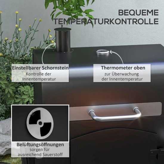Premie 3-in-1 Houtskool Barbecue - Smoker Barbecue met Rookfunctie - Houtskoolgrill - met Verstelbaar Houtskoolcompartiment, Deksel, Handgrepen, Thermometer, Wielen - BBQ voor Kamperen, Buiten, Tuin - 124 x 66 x 112 cm - Zwart van Merkloos — afbeelding 5