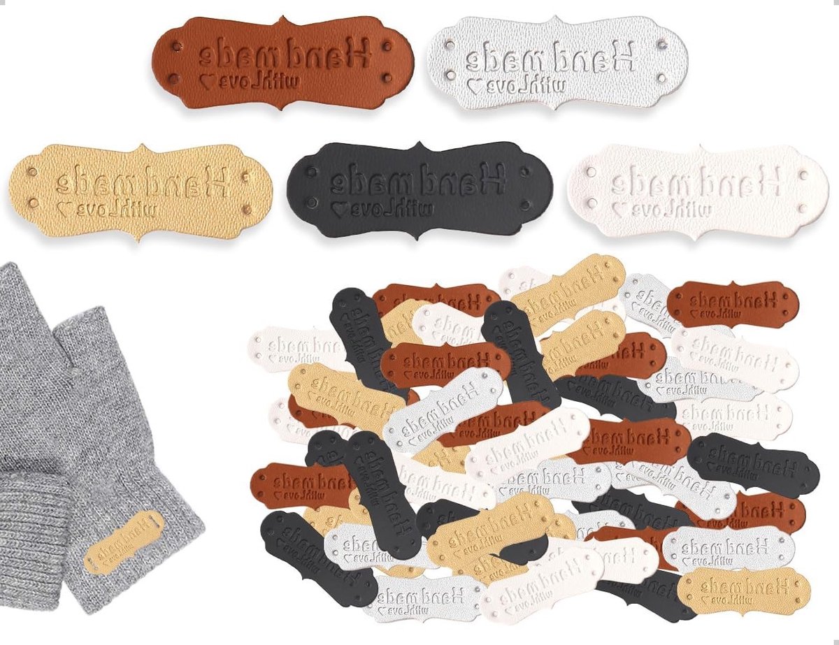 Set van 50 Handgemaakte Labels voor Naaiwerk, Geperste Labels en Leren Labels met Gaten voor Brei- en Haakprojecten (5 Kleuren, 4 x 1.5 cm)