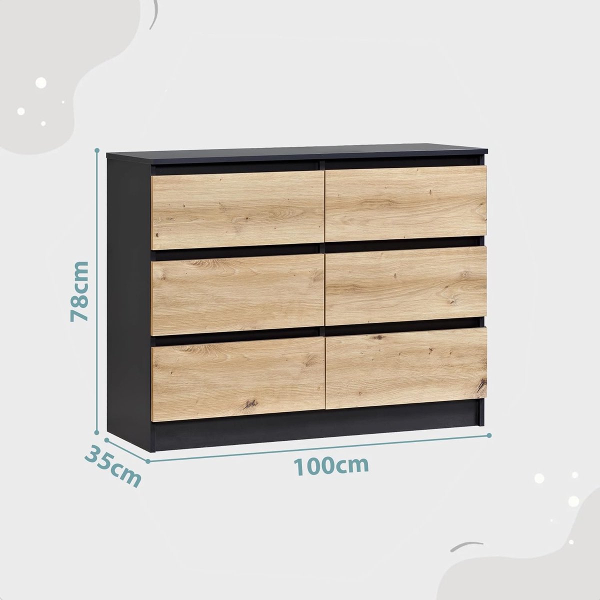 Moderne Commode met 6 Laden in Antraciet & Artisan Eiken - 100x35x78 cm