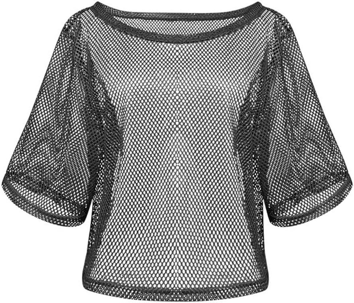 80s Neon Fishnet Mesh T-Shirt voor Vrouwen, Retro Kostuum voor 80s Themafeest, Sexy Casual Top met Kleurige Accenten