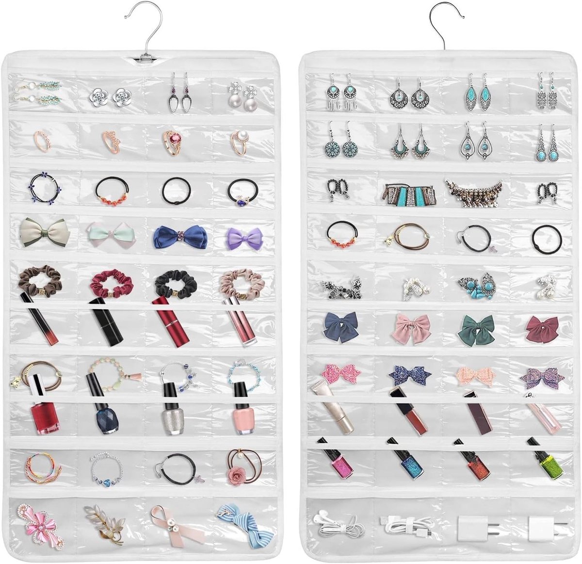 Hanging Jewelry Organiser met 80 Doorzichtige Pockets voor Sieraden, Oorbellen en Kettingen - Dubbelzijdige Opbergzak met Haak voor Reisgebruik
