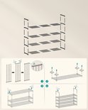 Montage-instructies voor een zwart metalen schoenenrek met 4 etages, met illustraties.