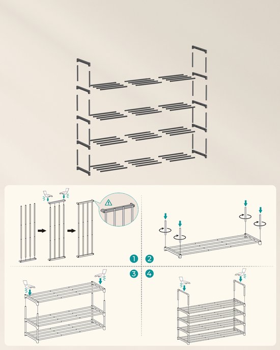 Montage-instructies voor een zwart metalen schoenenrek met 4 etages, met illustraties.