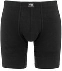 Zwarte, lange boxer met elastische band en logo.