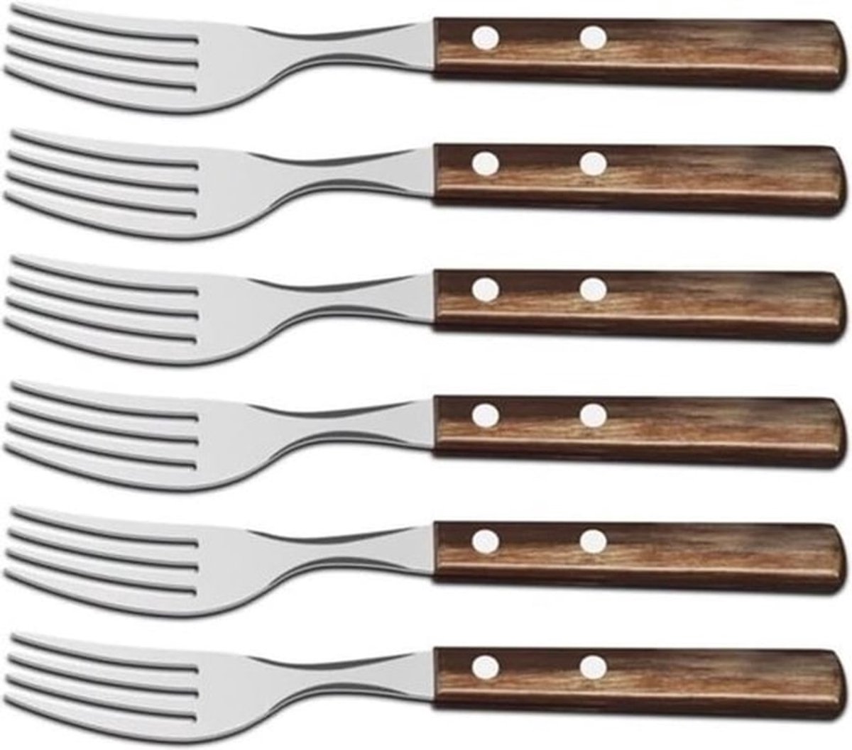 Steakvork, pizzavork, set, 6-delig, roestvrij staal, houten handvat bruin
