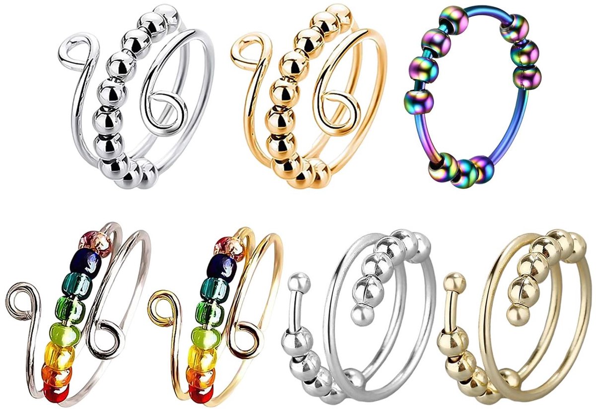 Dailygoody - Parelrotatiering - Verstelbare Stressring - Comfortabel voor Verschillende Vingergroottes - Regenboogkleur - Fidgety Speelgoedset - 7 Stu