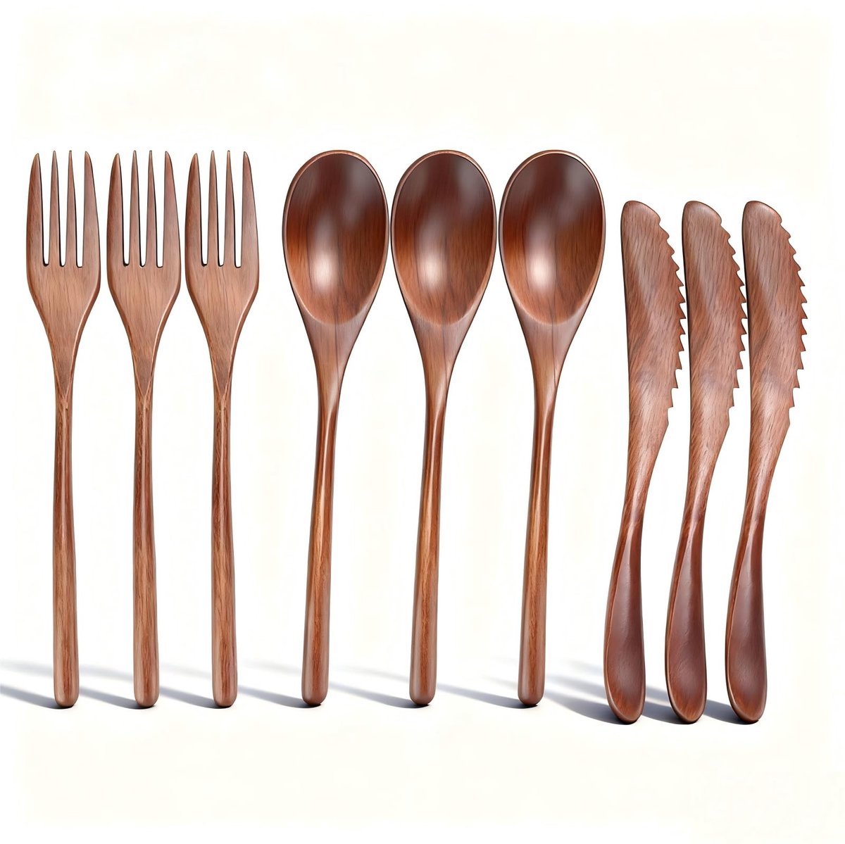 Dailygoody - Houten Bestek Set - 3 Stuk Lepel Vork Mes - Bruin - Ideaal voor Thuis en Restaurant - Duurzaam en Functioneel - Geschikt voor Camping