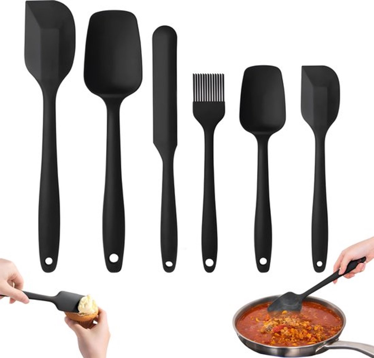 Silliconen Spatel Set van 6 Stuks - Keukengerei Set - Spatelset - Keukenspatel - Hittebestendig - BPA Vrij - Anti-aanbak - Vaatwasserbestendig - Pannenlikker - Bakspaan - Bakkwast - Koken en Bakken - Keuken Gerei - Zwart