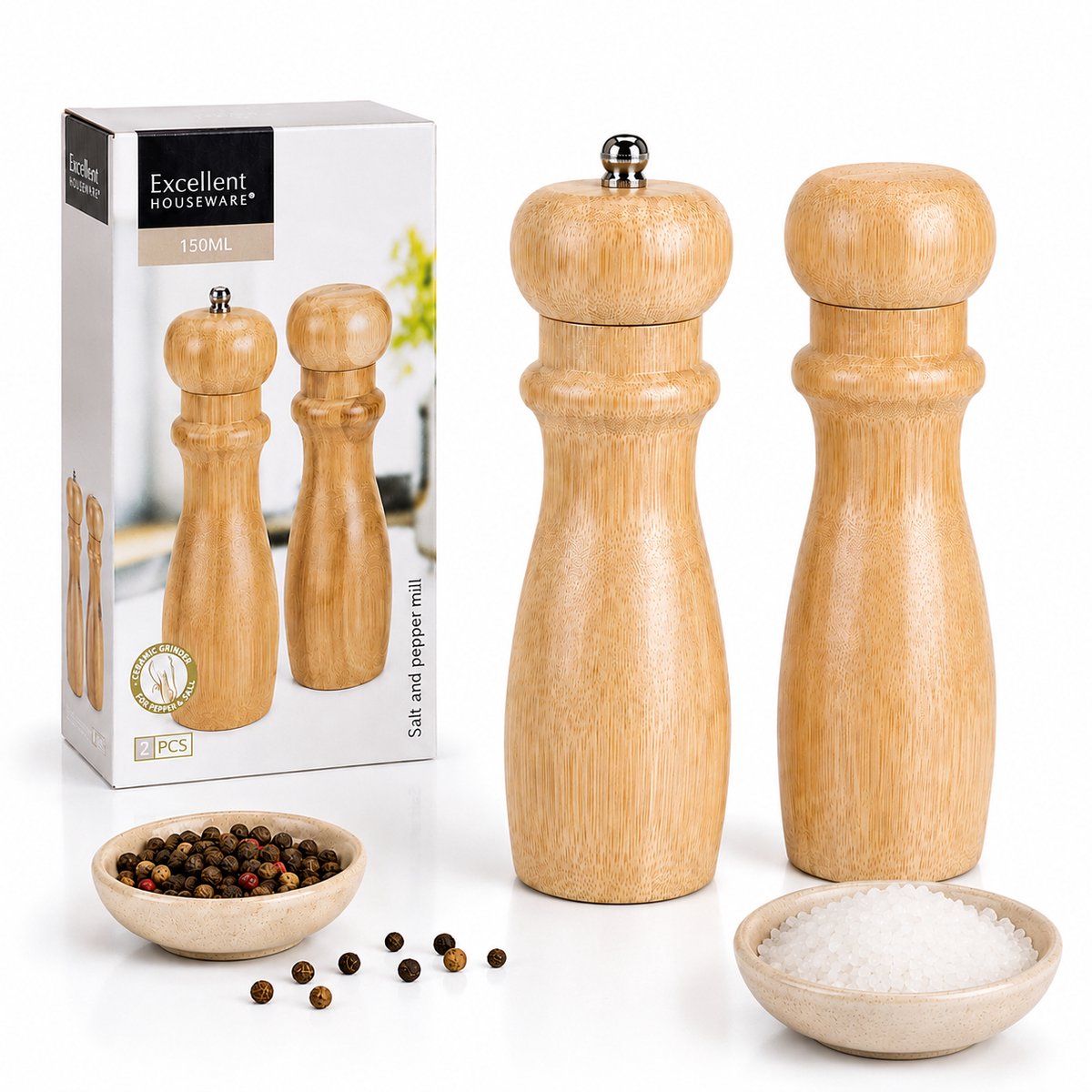 EasyMart Luxe Peper- en Zoutmolen Set 2-Delig – Bamboe Zout- en Pepermolens – Keramisch Maalwerk – Hervulbare Salt & Pepper Grinder Set – Handmatige Kruidenmolens voor Keuken & Eettafel – 150ML