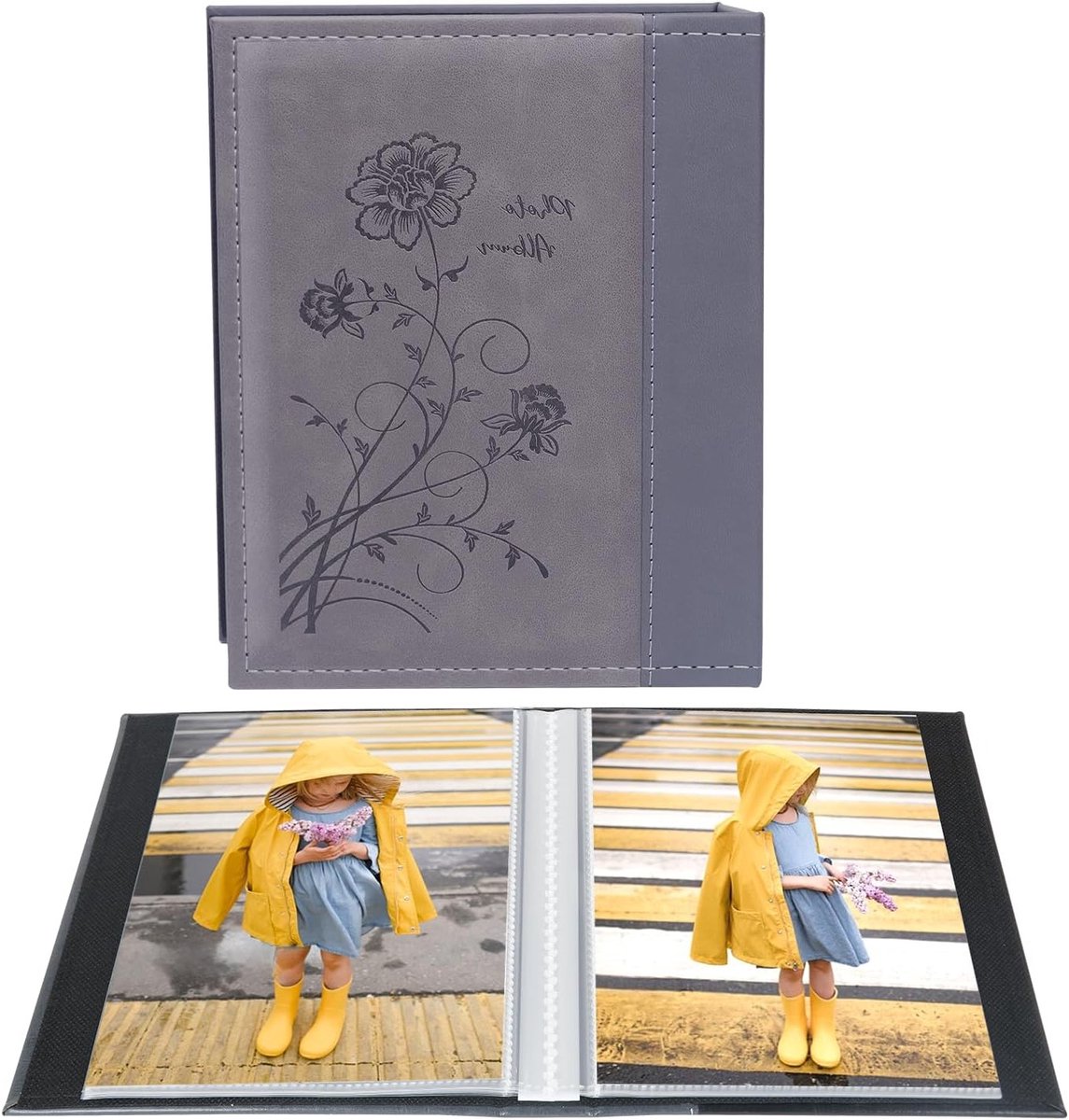 Klein fotoalbum 6x4 cm, 2 pakketten met elk 50 verticale afbeeldingen, ideaal voor kunstwerk en ansichtkaarten opslag (grijs)