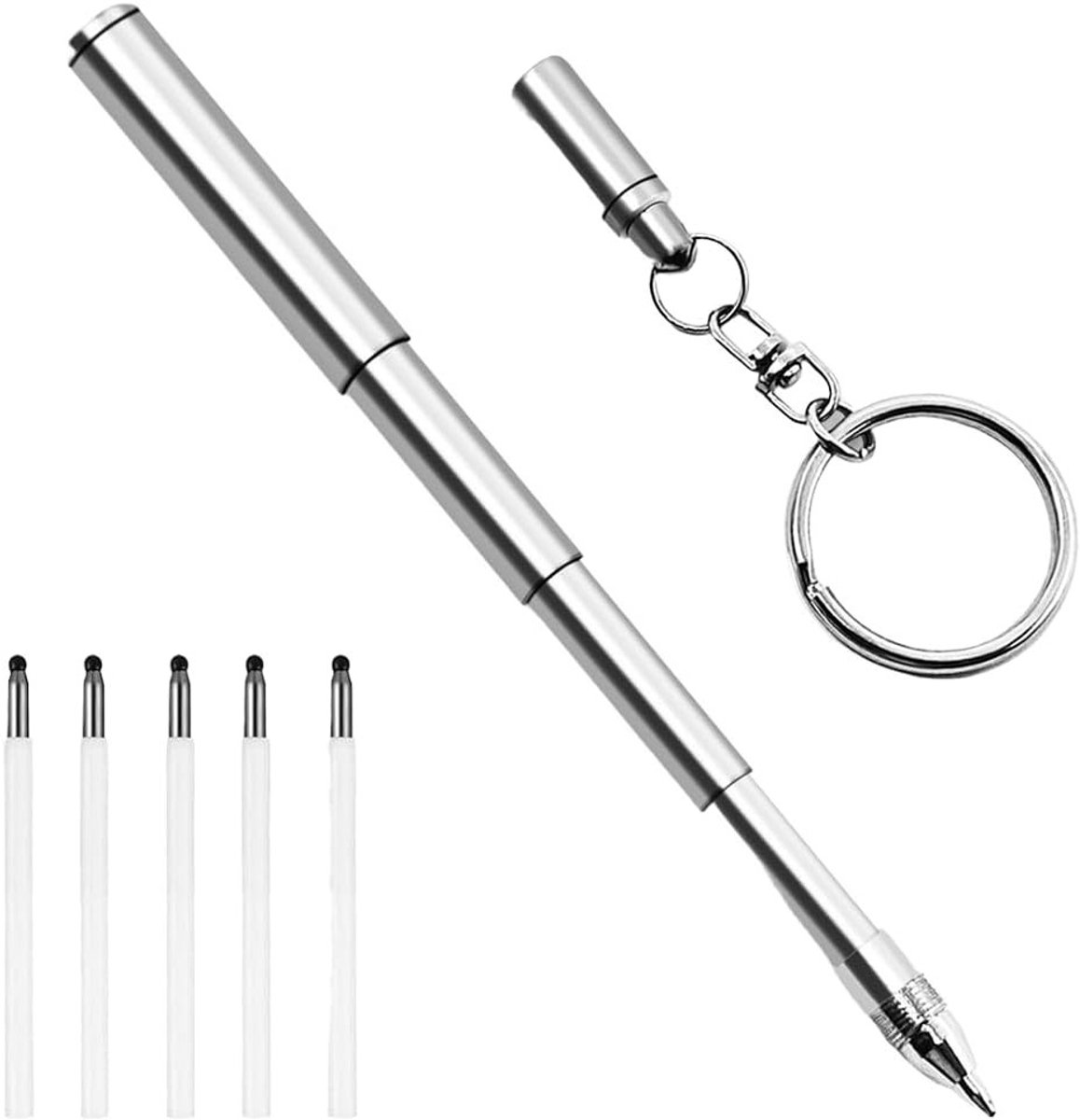 Compacte Sleutelhanger Pen met 5 Navullingen, RVS Telescopische Balpen voor Gemakkelijk Gebruik en Draagbaarheid