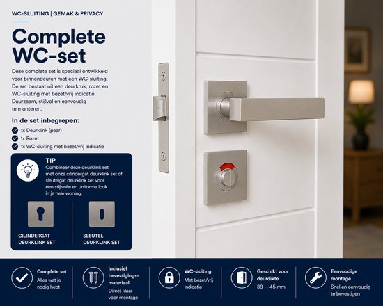 Deur met RVS deurklink en vierkante rozet met WC-indicatie.