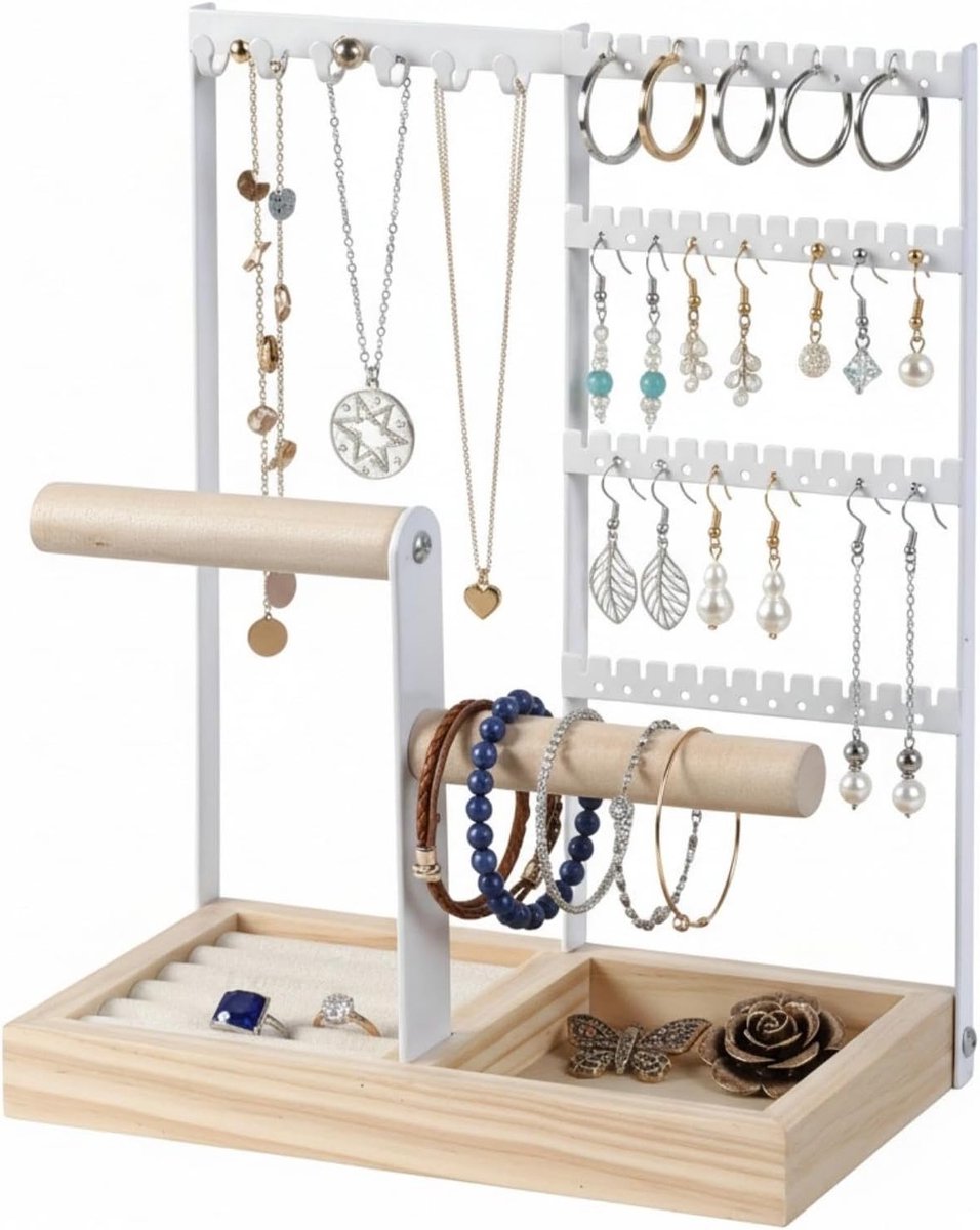 Stijlvolle houten sieradenhouder met 4 niveaus voor kettingen, oorbellen en armbanden, perfect voor meisjes en vrouwen