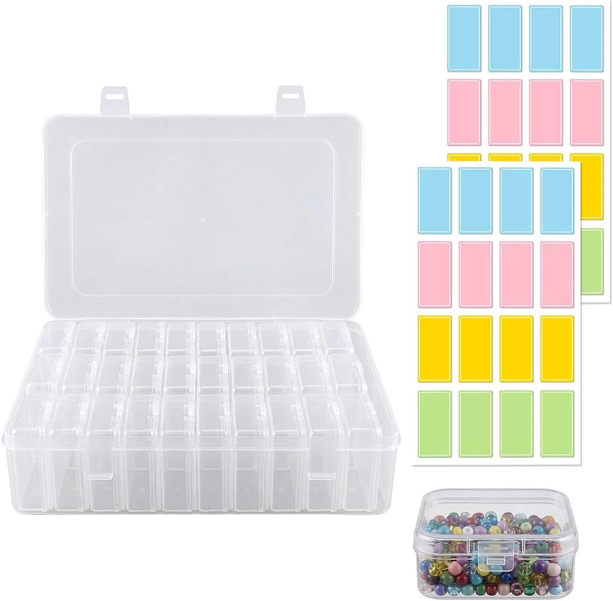 Kleine opbergdozen set van 30 stuks (5,5 x 5,5 x 2 cm) met etiketten, transparante kunststof sorteerdozen voor sieraden, knutselartikelen en kleine onderdelen organiseren