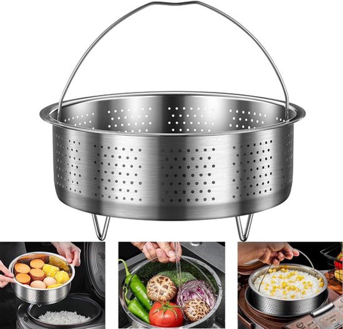 RVS stoominzet met handgreep voor groenten en eieren - 16,5 cm - Stoompot accessoire