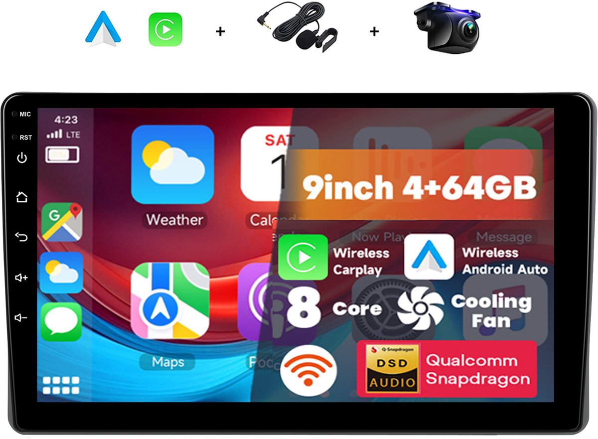 Boscer Android 15 Autoradio - Geschikt voor Fiat Panda (2003-2012) - 9 inch HD IPS Touchscreen - 8-Core 4+64GB - Interne Koeling - Draadloze Apple CarPlay & Android Auto - GPS Navigatie - WIFI, Bluetooth & USB - Met Microfoon & AHD Achteruitrijcamera