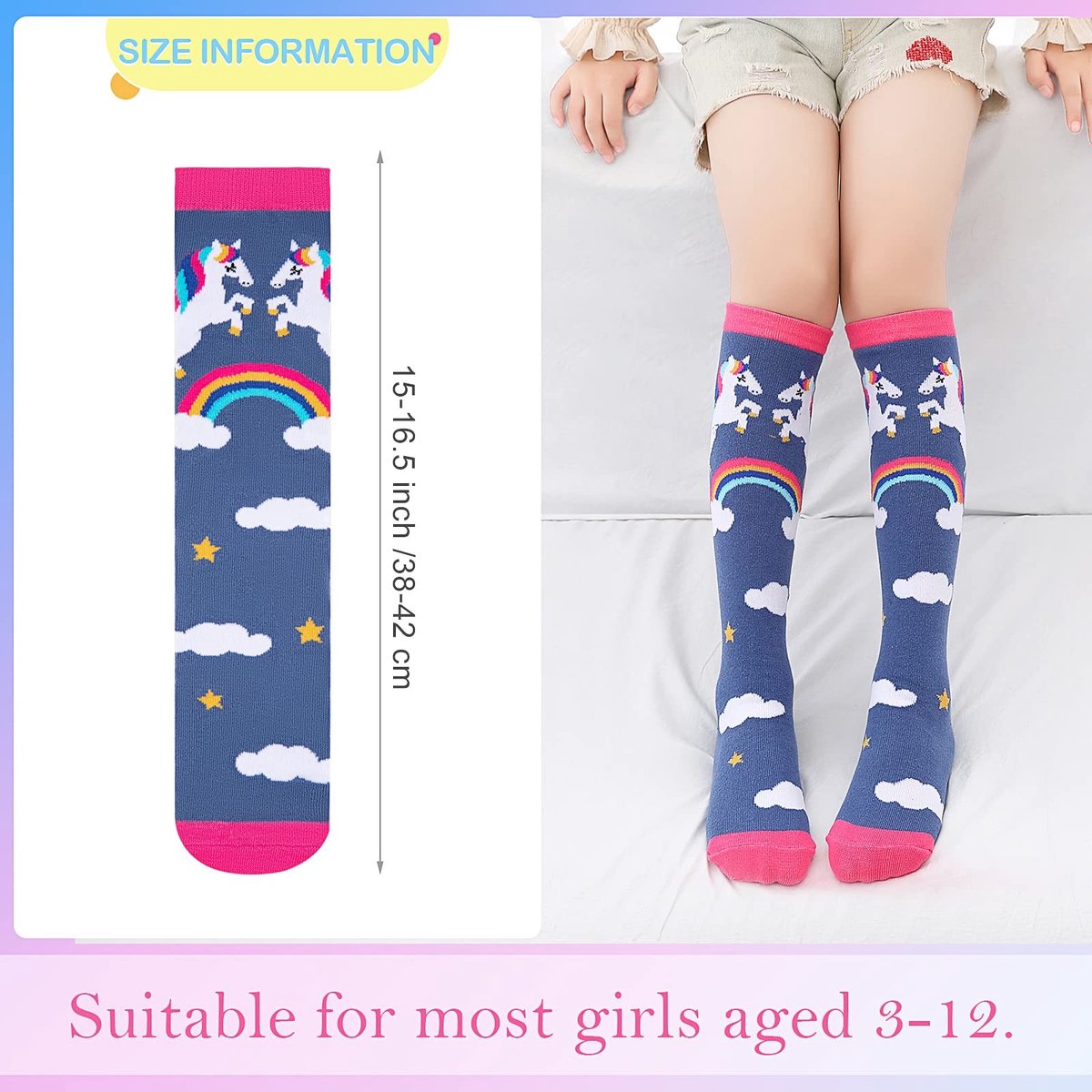 Dailygoods - Dailygoody - Katoenen kniekousen - Dierendessin - Lange kousen voor meisjes - One size - Eenhoorn - Comfortabel en ademend - Geschikt voor 3-12 jaar